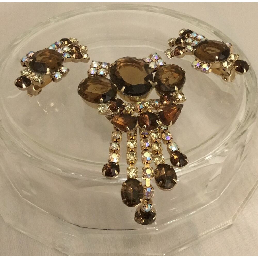 Vintage Topaz Glass/AB Rhinestone Dangle Brooch/Earrings SET High End RARE